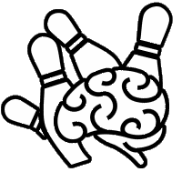 SpareBrained-Logo: A brain knocking over bowling pins.