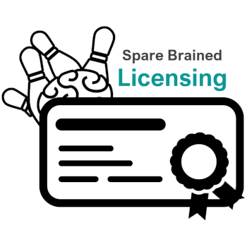 Spare Brained logo, with title "Spare Brained Licensing" and a graphic element looking like a License card with a ribbon
