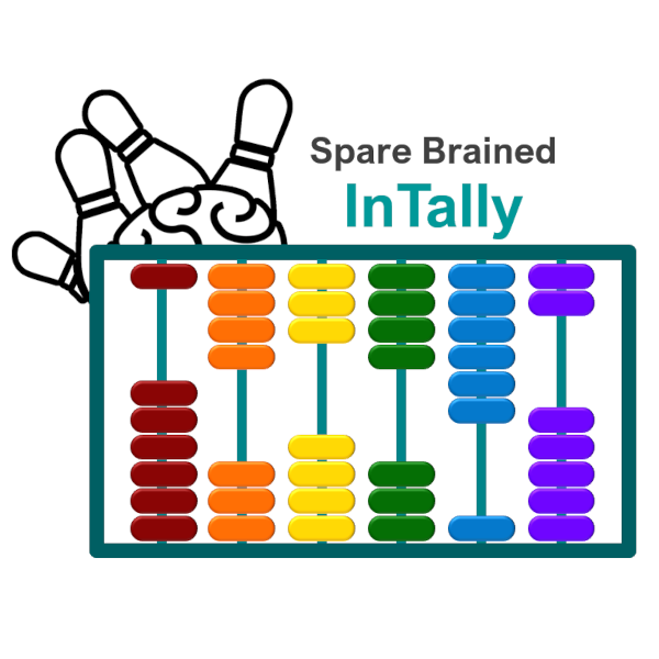 Spare Brained Ideas - InTally logo. Shows a colorful abacus on top of the Spare Brained Logo, a brain and bowling pins.
