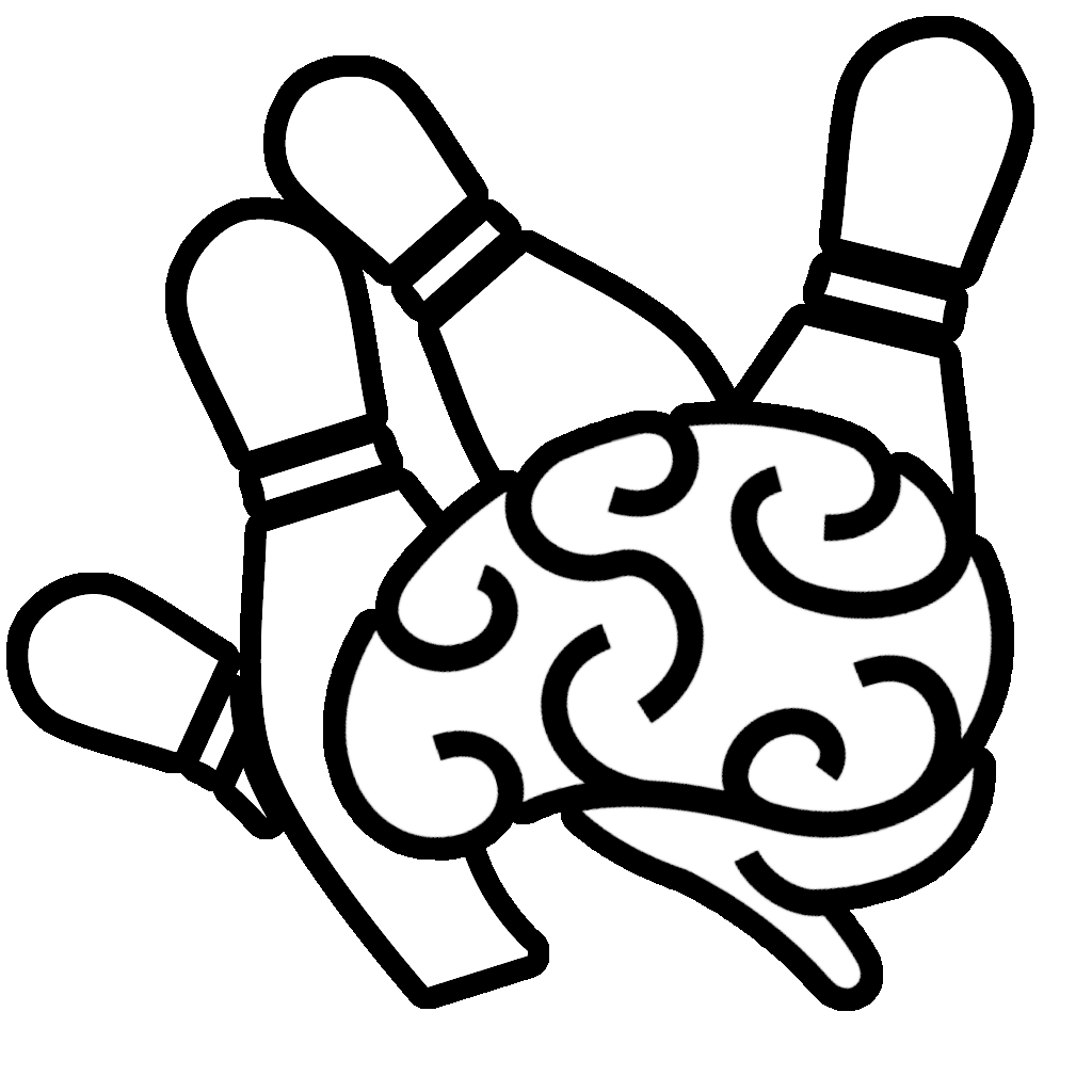Spare Brained Ideas Logo - a set of four bowling pins being knocked over by a brain